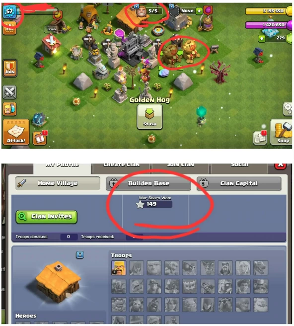 World Wide Rare||[Th1 Clan Castle Unlocked]||2 Golden Hog||Paid Statue Old Obstacles Tree||149 War Stars||High Exp:57|5 Builders
