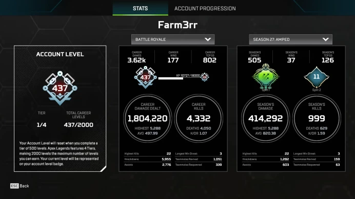 Ea Account | 7 Heirloom / 1 iconic | 398+ Legendries | Level 437 | 100 Apex Coins | 1185 Crafting | 15.4K LT | Full Access