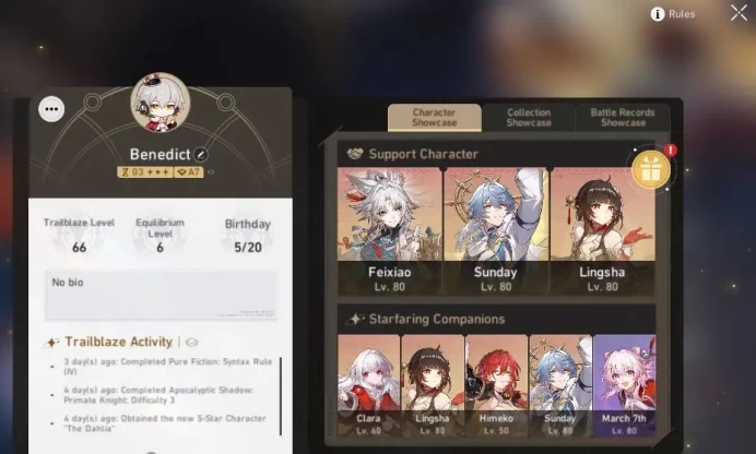 ASIA|TL 66| 9 Limited|Anaxa E1,3B+Sign,The Dahlia,Sunday,Dante,Lingsha,Feixiao,Etc|MC Male|Amphoreus|TakeMail|Check SS(HSR4985)