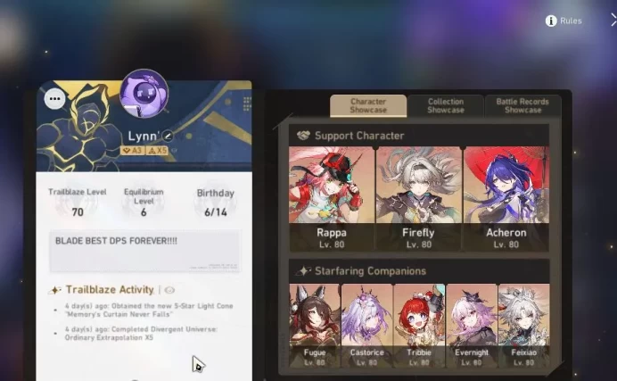 ASIA|TL 70| 15 Limit|[Acheron,Castorice,Rappa]+Sign 3B,Dante,Avent,EverNight,Etc|MC Female|Amphoreus|TakeMail|Check SS(HSR4986)