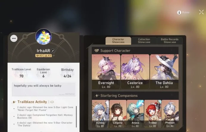 ASIA|TL 70| 11 Limit|[EverNight,The Dahlia,Castorice]+Sign Phainon,Sunday,Dante,Etc|MC Male|Amphoreus|TakeMail|CheckSS(HSR4993)