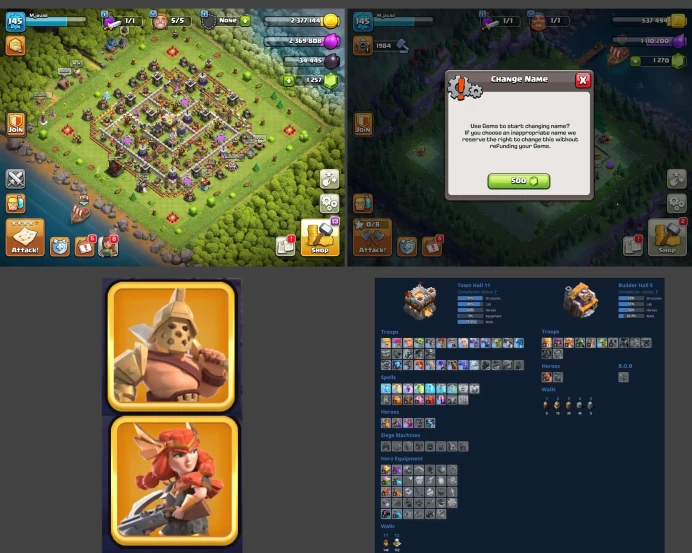 ■TH:11 (+80%) ■Heroes: K36 Q47 P20 W20 ■Skins:2 ■Gems:1279 ■SW:1279 ■BH:5 ■Full Access ■Instant Delivery ■A3822