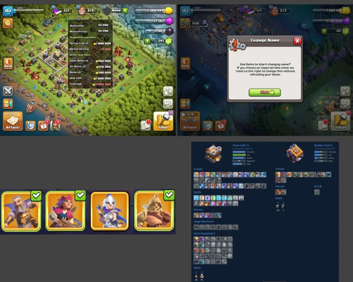 ■TH:11 (+85%) ■Heroes: K47 Q50 P20 W20 ■Skins:4 ■BH:9 ■Full Access ■Instant Delivery ■A3864