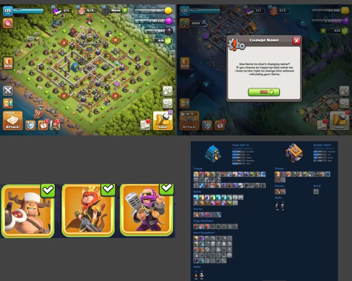 ■TH:12 (+50%) ■Heroes: K46 Q52 P30 W26 ■Skins:3 ■BH:9 ■Full Access ■Instant Delivery ■A3976