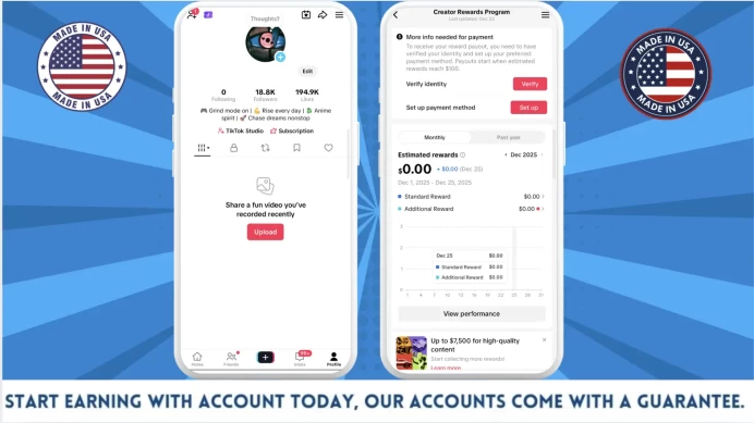 100% Monetized USA Account Creator Rewards Program Active | 18k Real Followers & 194k Likes | Real Screenshots + Full Access + Good Standing