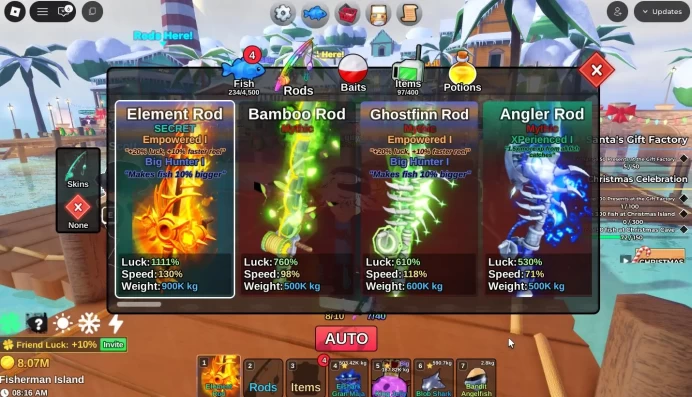 Fish It|1 SECRET ROD ELEMENT ROD|4 Mythic Rod(Bamboo,Ghostfinn,Angler,Ares)+Etc|Singularity Bait + Eshark Grand Maja|RBL782