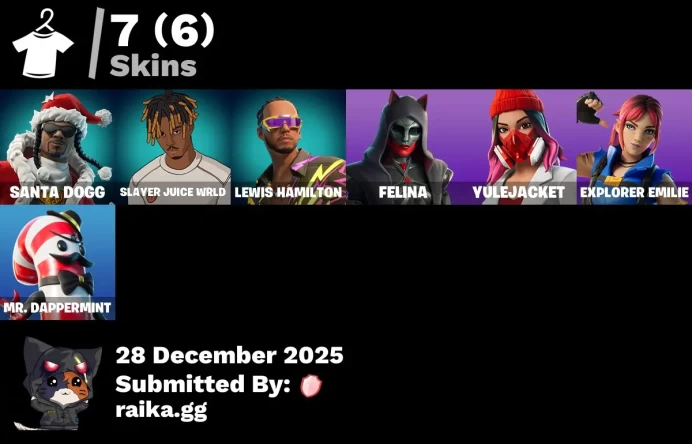 [PC/PSN/XBOX] 7 skins | Santa Dogg | Slayer Juice WRLD | Lewis Hamilton | Felina | Yulejacket | Explorer Emilie | Mr. Dappermint