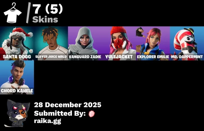 [PC/PSN/XBOX] 7 skins | Santa Dogg | Slayer Juice WRLD | Vanguard Zadie | Yulejacket | Explorer Emilie | Mr. Dappermint | Chord Kahele