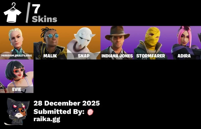 [PC/PSN/XBOX] 7 skins | Paradigm (Reality-659) | Malik | Snap | Indiana Jones | Stormfarer | Adira | Evie | Sigil of the Alliance War