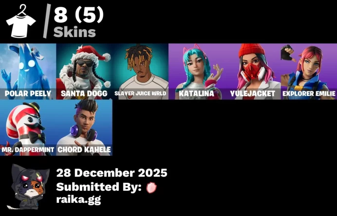 [PC/PSN/XBOX] 8 skins | Polar Peely | Santa Dogg | Slayer Juice WRLD | Katalina | Yulejacket | Explorer Emilie | Mr. Dappermint