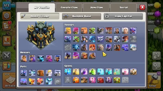 TH 17 - BH 10|Limited Skin|LV 123|HH 8|BK 33,AQ 34,GW 17,MP 46,RC 12|Gems 633|CN ON|ProtectOFF|TAKE MAIL(COC1801)