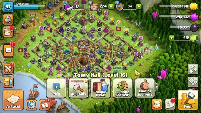 TH 16 - BH 9|Limited Skin|LV 97|HH 7|BK 34,AQ 40,GW 20,MP 41,RC 15|Gems 419|CN OFF|ProtectOFF|TAKE MAIL(COC1803)