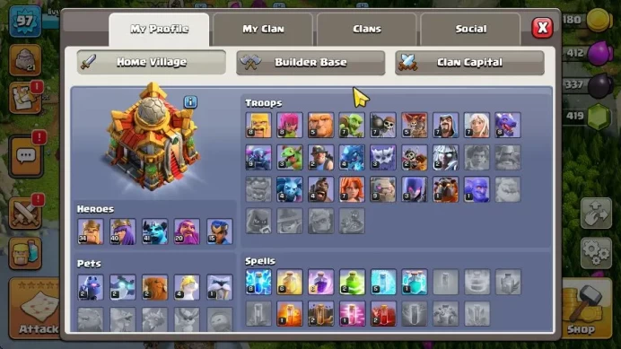 TH 16 - BH 9|Limited Skin|LV 97|HH 7|BK 34,AQ 40,GW 20,MP 41,RC 15|Gems 419|CN OFF|ProtectOFF|TAKE MAIL(COC1803)