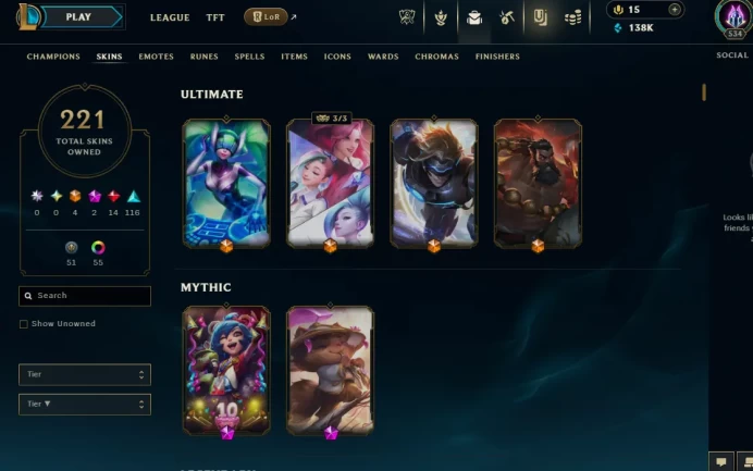 LAN(TRANSFERABLE) EMAIL CHANGEABLE 534 LVL ALL CHAMPIONS 134KBE 221 SKINS 6 VICTORIOUS PRESTIGE TEEMO LAST PLAY 2024