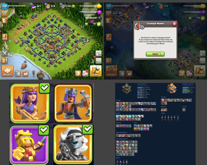 ■TH:17 (+25%) ■Heroes: K67 Q73 P52 W53 C31 ■Skins:4 ■Builders:6 ■BH:10 ■Full Access ■Instant Delivery ■A7155