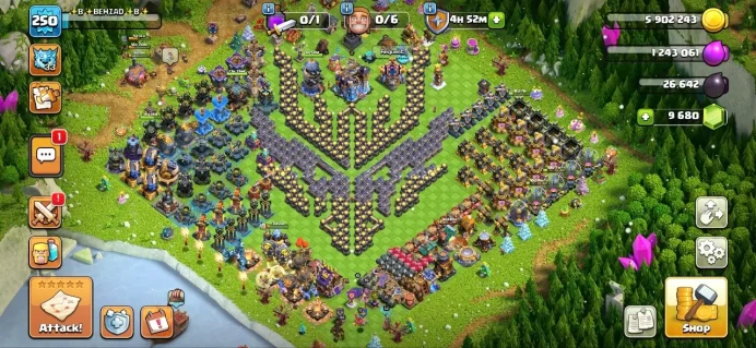 Th 18 max(wall Defenses max)/7 Epic Hero Equipment best level/ 9500 gem/ 5 skin hero