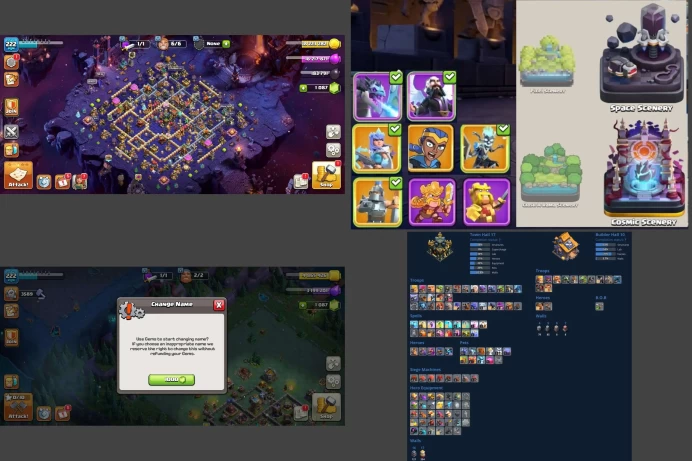 ■TH:17 (+40%) ■Heroes: K62 Q77 P54 W48 C32 ■Skins:12 ■BH:10 ■Builders:6 ■Full Access ■Instant Delivery ■A7170