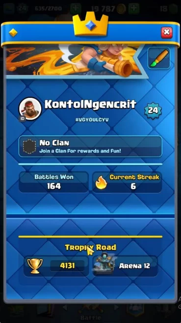 Lvl 24|Trophy 4131|KTL 9|Limited Skin|Card 74|2 EVO,3 Legend,20 Epic,24 Rare,27 Common|TakeEmail(CR1090)