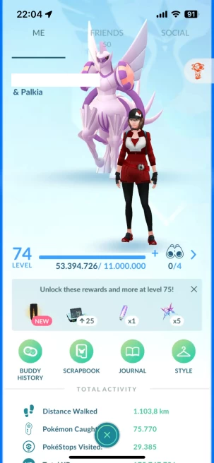 Level 74, 6 Legend+Mythical IV100, 384 Shiny, 254 Legend, 93 IV 100, 14 Shiny Legend, 40 Shadow Legend