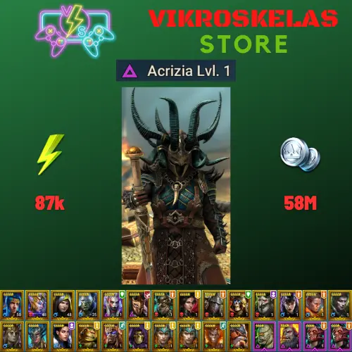 Starter acc with Acrizia : 87k energy / 58 mln coins / Sethallia, Shemnath, Arix, Ninja + 19 Login Legendaries / Geomancer / Coldheart 3x
