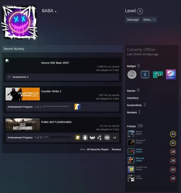 8Game-CS2 Prime 557 hours+3Medals(2025 Service Medal/5Y/Global Offensive Badge)