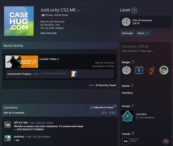 CS2 Prime 581 hours+5Medals(2018-2021 Service Medal/5Y/Loyalty Badge/Global Offensive Badge)