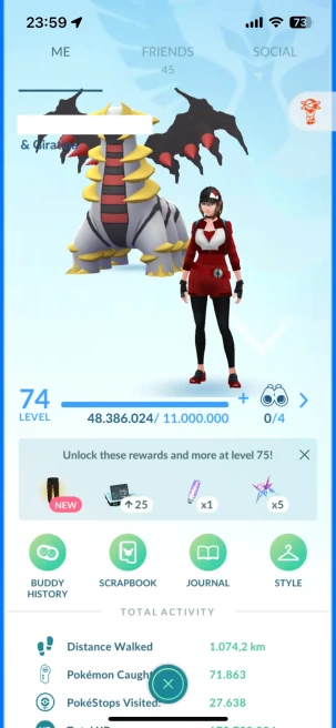 Level 74, 8 Legend IV100, 400 Shiny, 254 Legend, 96 IV 100, 16 Shiny Legend, 36 Shadow Legend