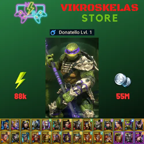 Starter acc with Donatello : 88k energy / 55 mln coins / Harima, Tyrant Ixlimor, Minaya, Arix, Ninja + 19 Login Legendaries / Fenax 2x