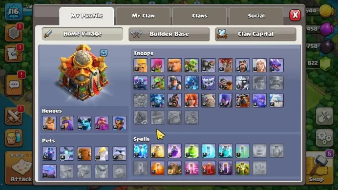 TH 16 - BH 8|Limited Skin|LV 116|HH 8|BK 37,AQ 31,GW 22,MP 48,RC 15|Gems 822|CN OFF|ProtectOFF|TAKE MAIL(COC1823)