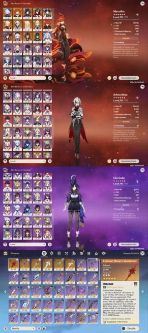 All Platform - EU - AR58 - 60 Characters 16 5'Star - 6 Weapon 5 Star - Mavuika - Furina - Clorinde - Chaska - Arlecchino - Code898