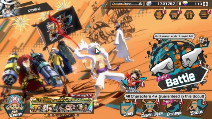 Global|4 META EX|Kid&Law,Monkey D Luffy Gear5,Blackbeard Kuzan,Awakened Rob Lucci|Rank 6|Log Bandai|Check SS(OPBR1532)