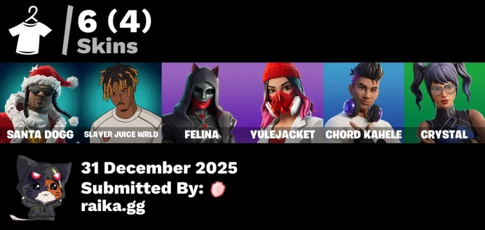 [PC/PSN/XBOX] 6 skins | Santa Dogg | Slayer Juice WRLD | Felina | Yulejacket | Chord Kahele | Crystal | Snoop's Holladizzle Bass | 999 Knives