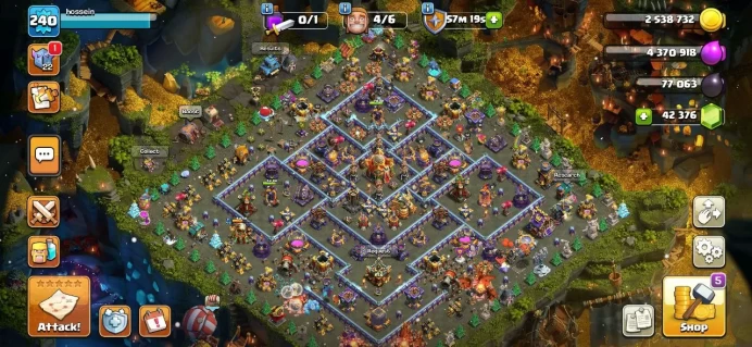 42000 Gem, TH 16 Max, TH15 Full Max, 14 Equipment Epic, 1100 League Medal, 9 Hero Skin, 3 Map Skin, Defense Max, Wall Max, Magic item