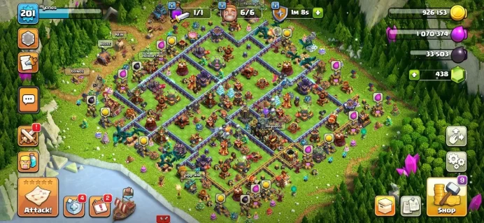 TH 17, TH 16 Max, 6 Equipment Epic 2 Lv 27, Defense Max, Wall High Level, 8 Hero skin, Magic item, Hero high level