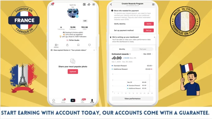 France Monetized Creator Rewards Program Account | 10k Real Followers & 192k Likes | Real screenshots + Full Access + No outstanding issues