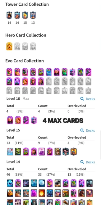 LEVEL 63 !! ARENA 26 !! 10K TROPHIES !! 4 MAX CARDs[LVL16 ]!! 13 CARDs[LVL 15]!! 46 CARDs[LVL14]!! 16 EVO CARDS !! KT15 !! NC AVL !! EPIC EMOTES