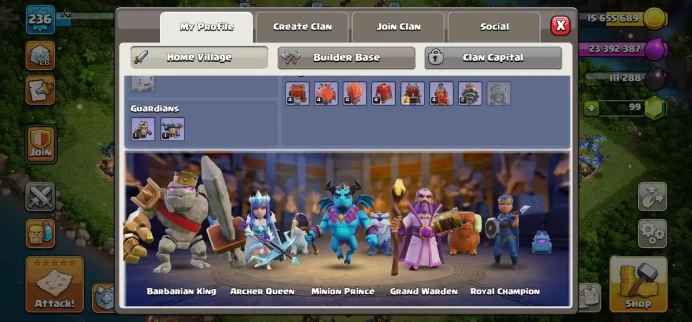TH 18 Max, Defense Max, 6 Hero Skin, Hero High Level, Wall High Level, Change Name 500Gems