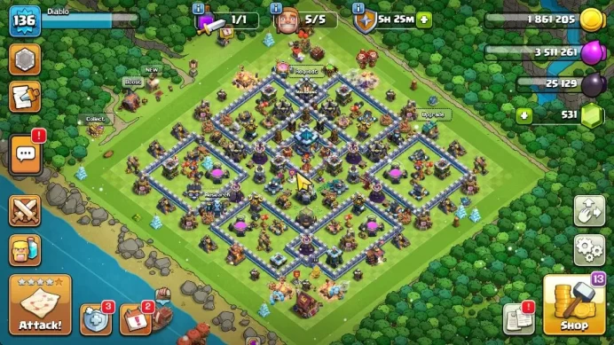 TH 13 - BH 7|Limited Skin|LV 136|HH 7|BK 68,AQ 72,GW 49,MP 42,RC 19|Gems 531|CN OFF|ProtectOFF|TAKE MAIL(COC1828)