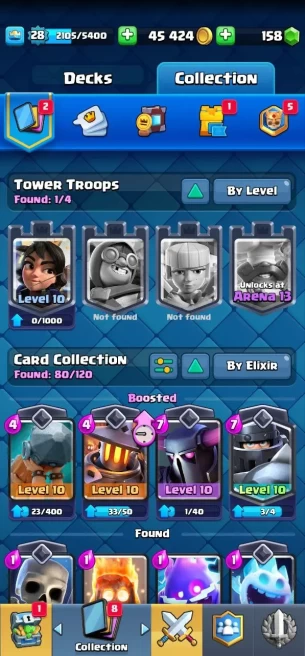 Clashroyall (Android/iOS)  KT 10 -lvl 28 -Cards 84 /120 -  Max Card 0 / Lvl 11 Card 6 / Emote 11 / Tower skin 1 /Fast delivery