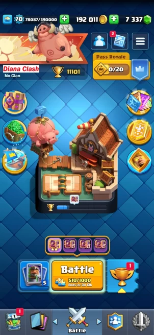 Level 70- 7KGems-KT15-17 EVO-1 Champion-10 Max Cards Level 16- 25 Cards Level 15-81 Cards Level 14-190 Emotes- 13 Skin Tower-Lifetime Warranty