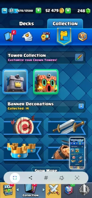Clashroyall (Android/iOS)  KT 12 -lvl 37 -Cards 109 /120 -  Max Card 5 / Lvl 13 Card 3 / Emote 23 / Tower skin 2 /Fast delivery