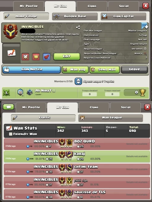 Clan level 17 / INVINCIBLES / Master 2 / Rare Name