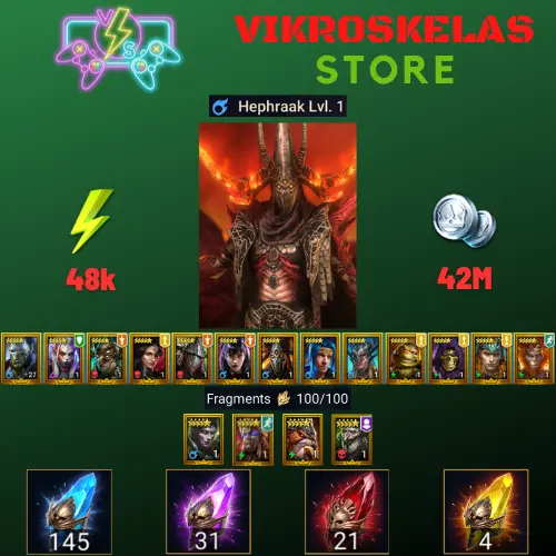 Starter with Hephraak + Shards : 145 Ancient, 31 Void, 21 Primal, 4 Sacred | Ninja + 15 Login Legendary | Mine max