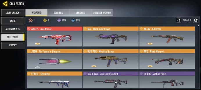 mythic gun 1 | legend gun 6 | LVL 400 | Epic Guns 228 | character Epics 93 | C: 9k | code 6387 | Saved:Activision