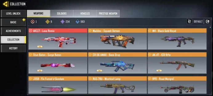 mythic gun 1 | legend gun 9 | LVL 400 | Epic Guns 234 | character Epics 93 | C: 344k | code 6415 | Saved:Activision