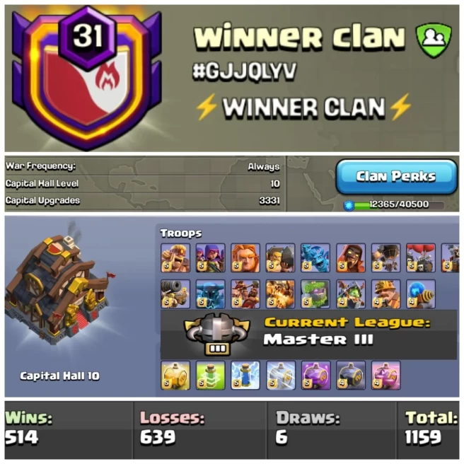 LEVEL- 31 | NAME- WINNER CLAN I WAR LOG WIN- 514 : LOSS- 639 | CWL- MASTER 3 | CC- MAX | AMAZING NAME & WAR LOG | INSTANT DELIVERY