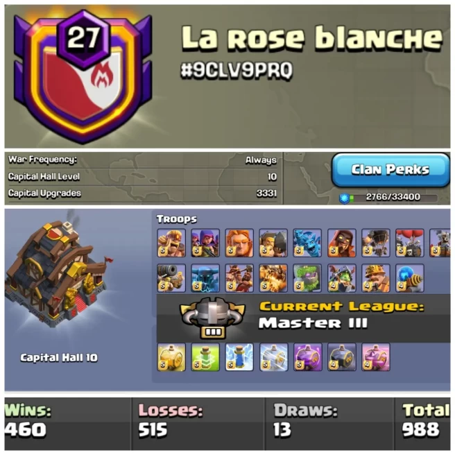 LEVEL- 27 | NAME- LA ROSE BLANCHE I WAR LOG WIN- 460 : LOSS- 515 | CWL- MASTER 3 | CC- MAX | AMAZING NAME & WAR LOG | INSTANT DELIVERY