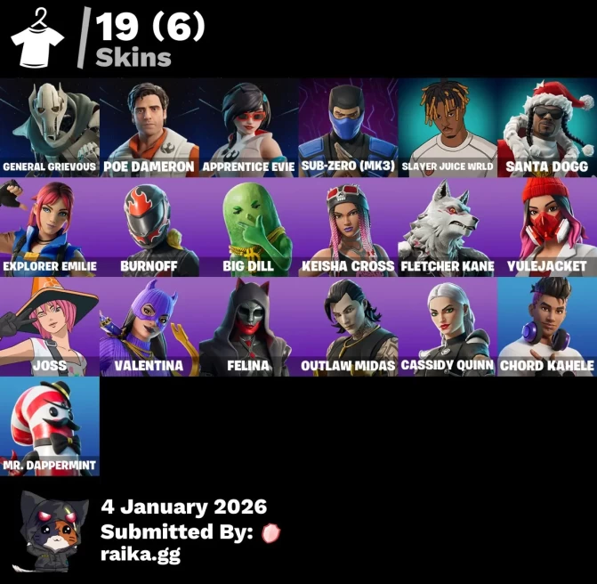[PC/PSN/XBOX] 19 skins | General Grievous | Poe Dameron | Apprentice Evie | Sub-Zero (MK3) | Slayer Juice WRLD | Santa Dogg | Explorer Emilie