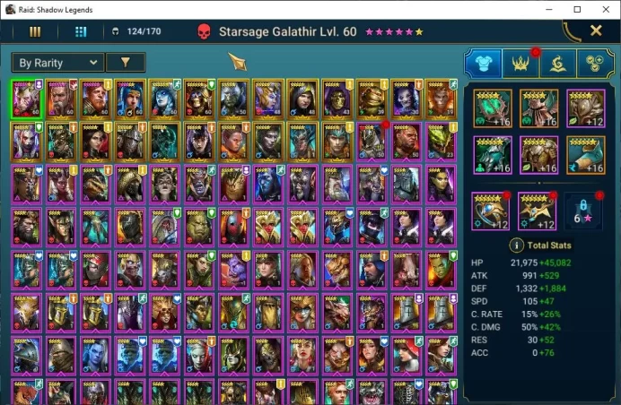 Lv42 703K Power|1 Mythical(Galathir)22 Legendary(Ninja,Taras,Gnut,Hilvi,Artak,Etc)+76,6K Energy|Check SS(RSL1142)