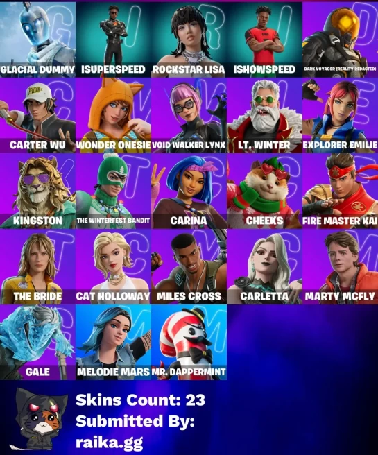 [PC/PSN/XBOX] 23 skins | Glacial Dummy | ISuperSpeed | Rockstar LISA | IShowSpeed | Carter Wu | Wonder Onesie | 350 VB